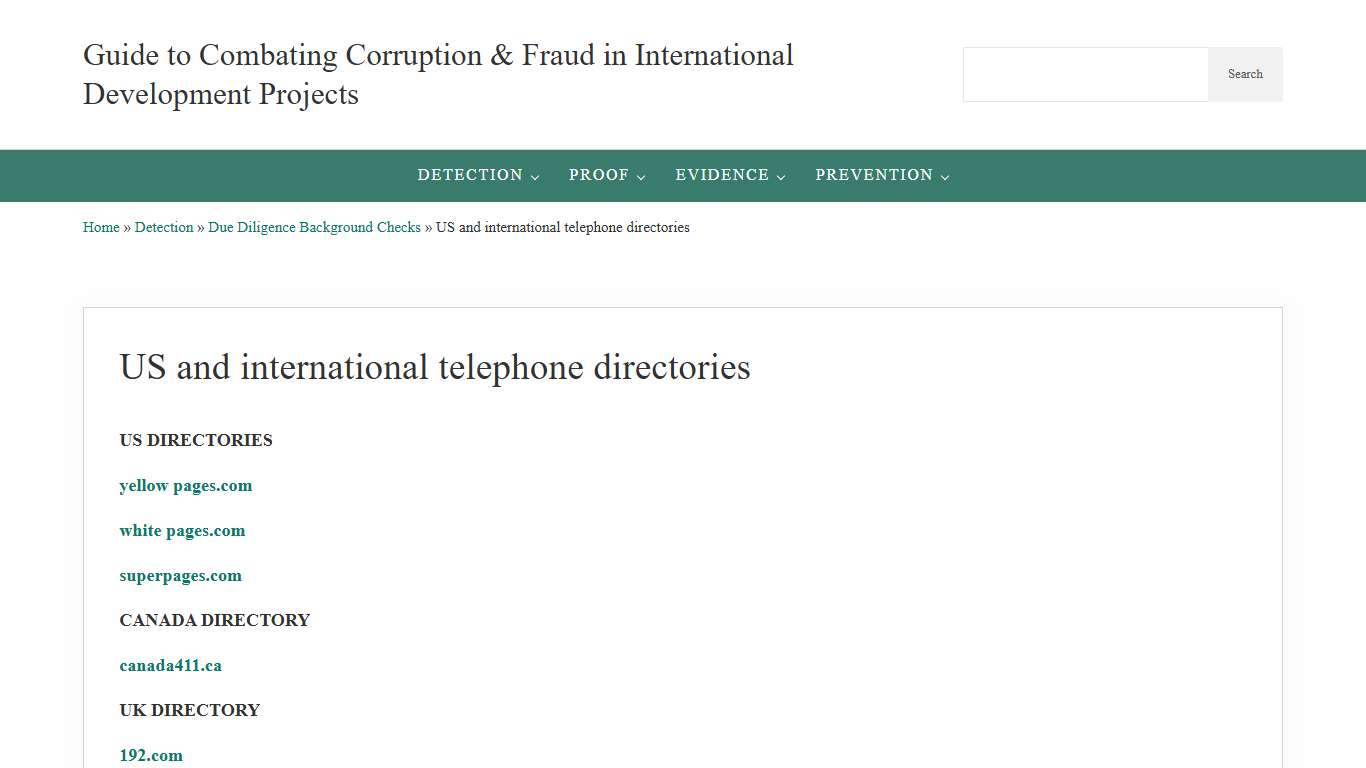US and international telephone directories Guide to Combating Corruption & Fraud in International Development Projects